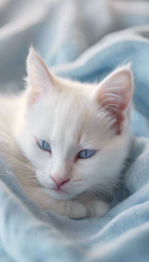 Ein entzückendes weißes Kätzchen, das auf einer pastellblauen Decke schläft.