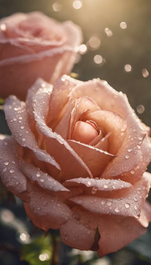 复古玫瑰的花瓣上挂满露珠，沐浴在清晨的阳光下。