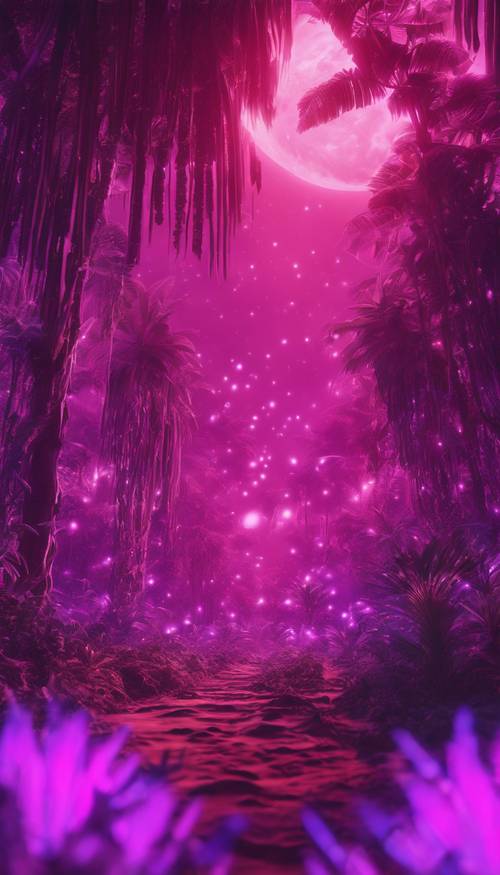 Una giungla viola neon dove tutto brilla sotto un corpo celeste.