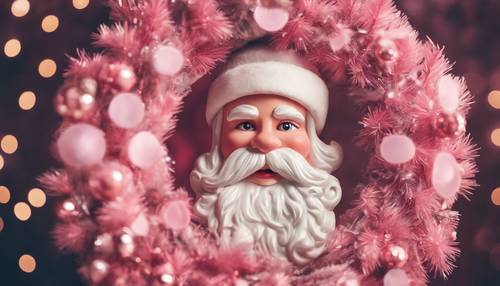 O rosto rosado do Papai Noel aparecendo por trás de uma guirlanda de Natal rosa brilhante.