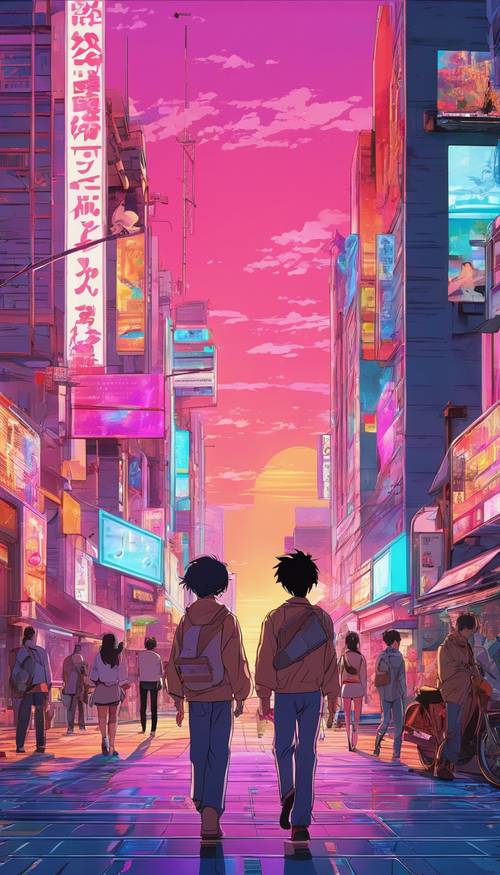 Pejzaż miejski o zachodzie słońca z postaciami z anime spacerującymi po oświetlonych neonami ulicach.