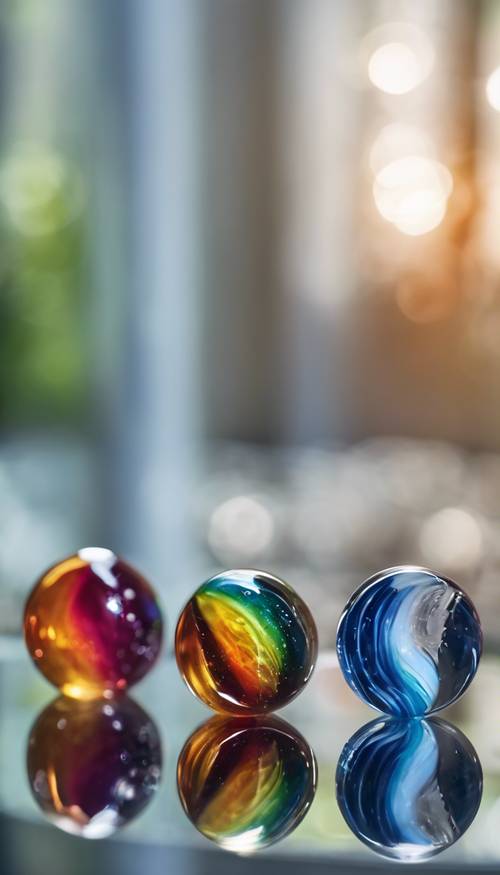 Diverse biglie arcobaleno altamente lucidate allineate in fila su una superficie di vetro.