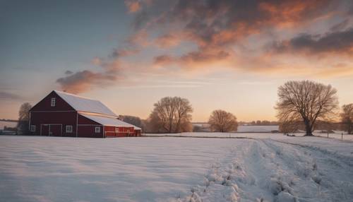 Un tranquillo tramonto invernale su una fattoria, il fienile e i campi ricoperti di neve fresca.