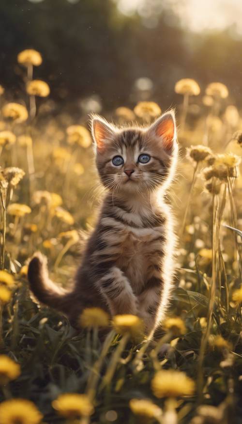 Una imagen de un gatito con rayas marrón caramelo retozando en un campo de dientes de león durante el amanecer.