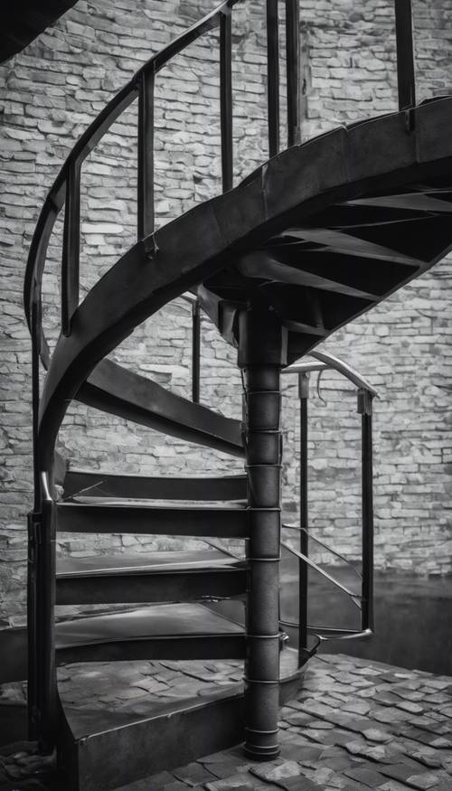 Uma escada em espiral construída com tijolos cinza escuro.
