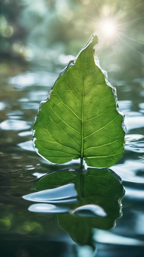 A green leaf partially submerged in crystal clear water.