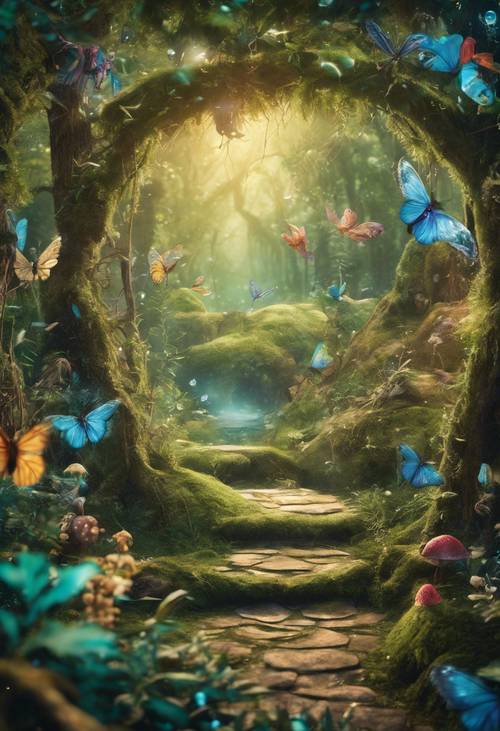 Une fresque fantastique représentant une forêt mythique avec une végétation inhabituelle et des créatures féeriques enchanteresses.