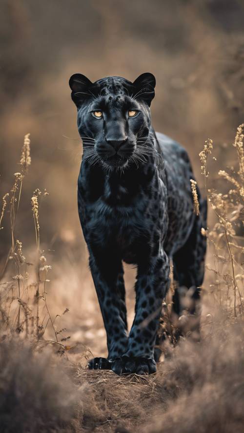 Full-bodied profile view of a black leopard in the wild.