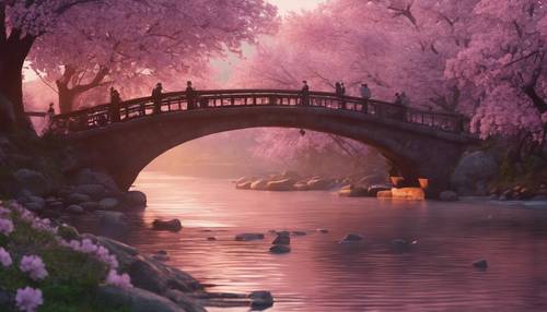 Fiori di ciliegio viola che cadono dolcemente su un ponte sopra un fiume color rosa al tramonto.