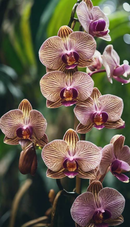 An exotic species of orchids flourished in a lush equatorial rainforest.