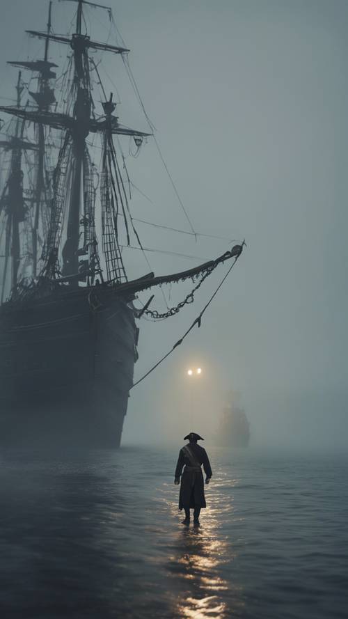 A stealthy pirate slowly approaching an unsuspecting merchant ship on a foggy night.