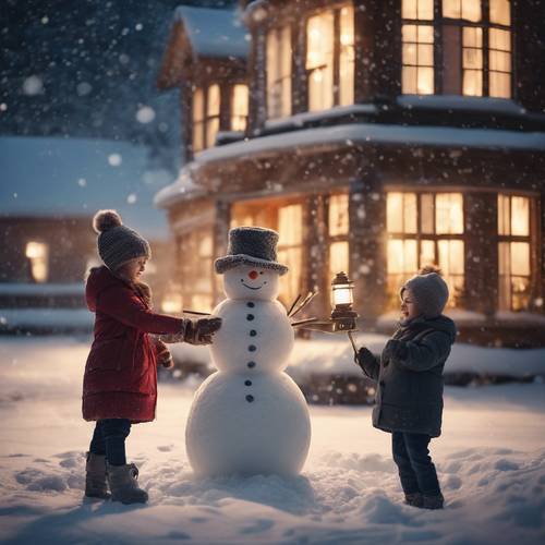 Una antigua escena navideña al aire libre en la que los niños hacen un muñeco de nieve bajo el suave resplandor de la luz de una linterna.