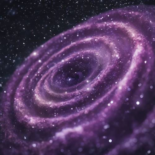 גלקסיה סגולה מסתחררת, מטילה זוהר אתרי, שבמרכזה קומפוזיציה מינימליסטית.