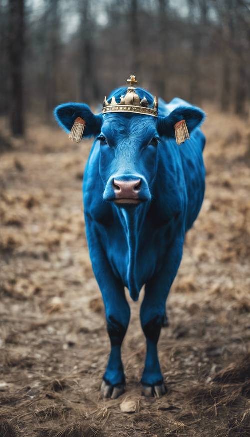 Une vache bleue avec une couronne, symbolisant une reine bovine puissante et royale.