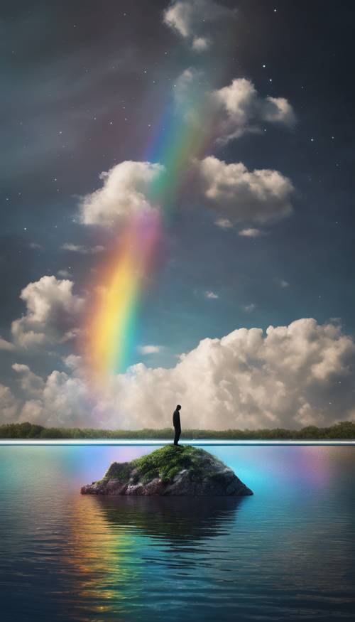 Um arco-íris negro emergindo de uma ilha de cristal flutuante no céu.