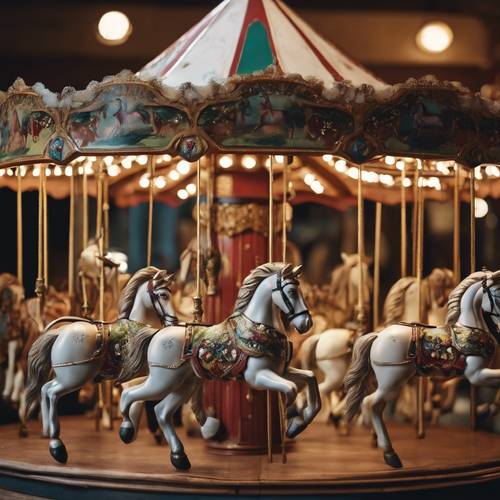 An antique wooden Christmas carousel with beautifully painted horses.