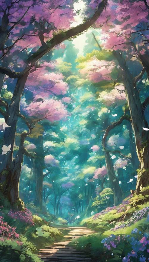A serene forest filled with luminescent flowers, as seen in a fantasy anime show.