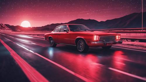 Ein neonrotes Auto im Retrostil rast unter einem sternenübersäten Nachthimmel über eine leere Autobahn.