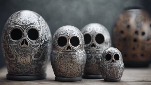 Drei graue Totenköpfe in der Form russischer Puppen, die jeweils kleiner werden.