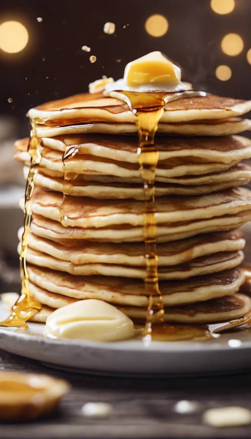 A freshly cooked pancake stack topped with melting butter, maple syrup, and a dash of cream. Wallpaper [cfc770c9f5d04c9fa2e2]