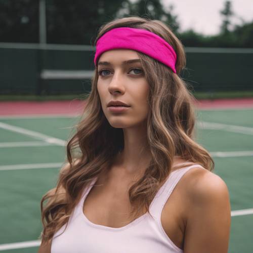 Una fascia preppy rosa acceso su un campo da tennis.