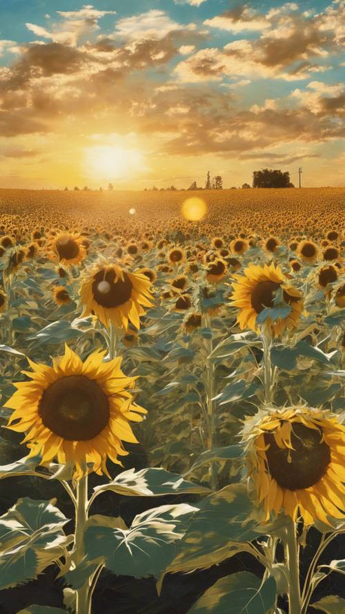 A graffiti-style mural representing a sunflower field under a scorching summer sun. Tapet [51dd7119636b4e96a298]