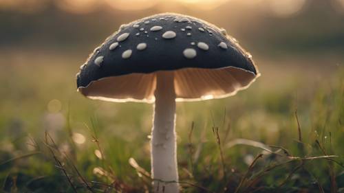 Um lindo cogumelo guarda-chuva com caule branco e tampa preta, sozinho em uma campina macia como veludo, sob o sol poente.