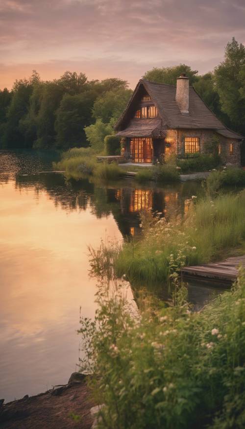 A tranquil cottage by a peaceful lake, surrounded by lush greens under the warm tones of a summer sunset.