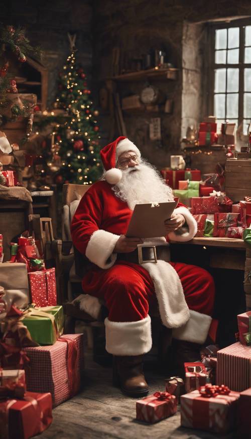 Santa Claus in his workshop, surrounded by elves who are busily wrapping presents. Tapeta na zeď [2d58cf1e1458457dbd9c]