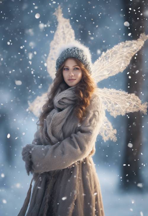 冬の妖精が吹く寒い風に乗って雪片に囲まれる壁紙