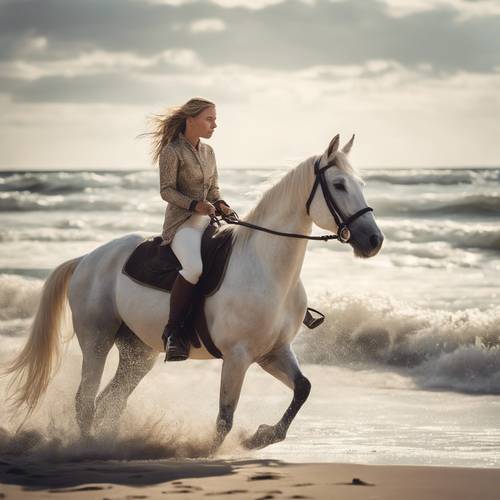一位年轻的骑手骑着一匹雄伟的白马沿着沙滩前行，海浪轻轻拍打着海岸