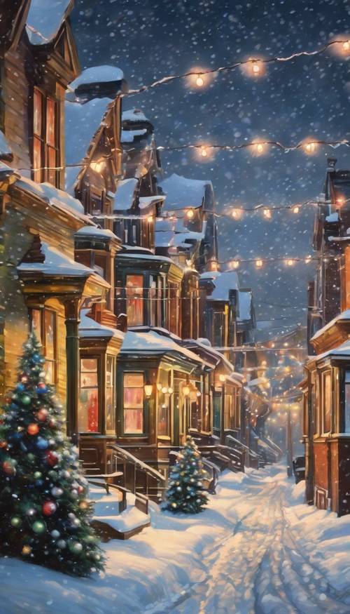 这是一幅描绘下雪的圣诞夜的油画，维多利亚时代房屋的屋顶上覆盖着一层闪闪发光的新雪，而挂在屋檐上的一串串闪烁的圣诞灯投射出五颜六色的光芒。