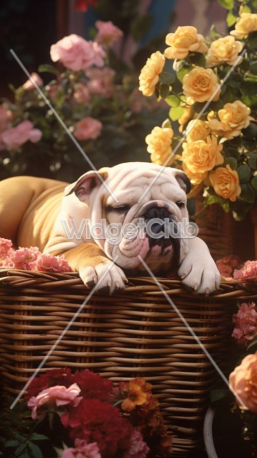 Sleepy Bulldog in a Flower Basket壁紙[211e8ba157724c398f2a]