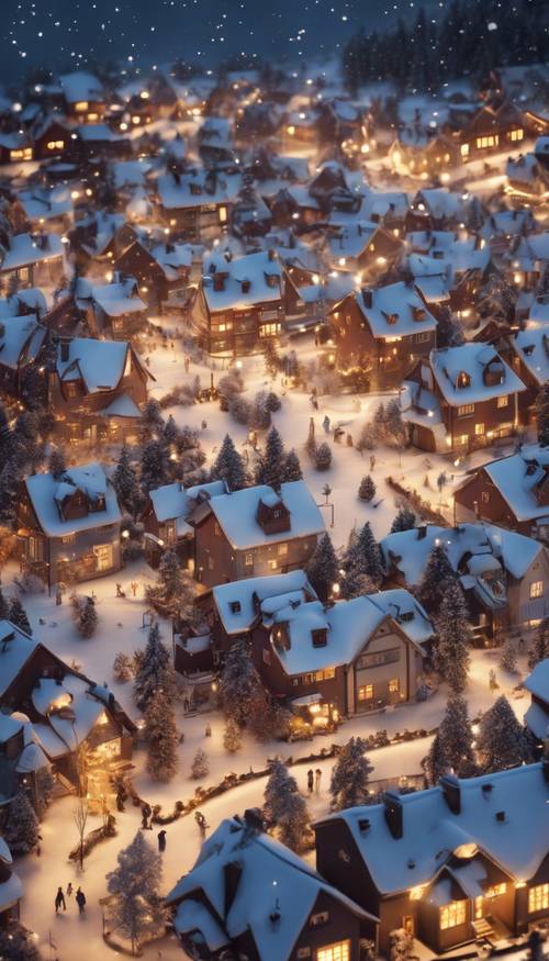 Uma vista aérea de uma vila coberta de neve, com luzes quentes brilhando de dentro das casas.