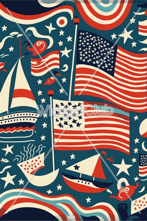 Padrão divertido e colorido de bandeiras americanas e barcos para crianças