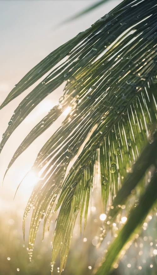 Uma folha de palmeira beijada pelo orvalho brilhando sob os raios suaves do sol da manhã.
