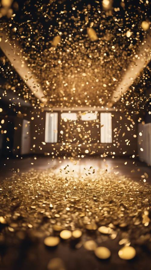 A cloud of shimmering golden confetti exploding in a dark, festive party room.