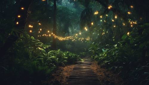 Pemandangan hutan hujan tropis yang mistis di malam hari, dengan kunang-kunang menerangi jalan setapak.