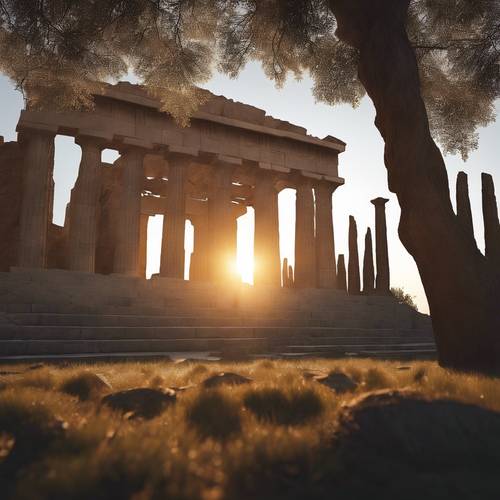 The sun rising over an ancient Greek temple, casting long shadows and displaying a game of light and shadow.