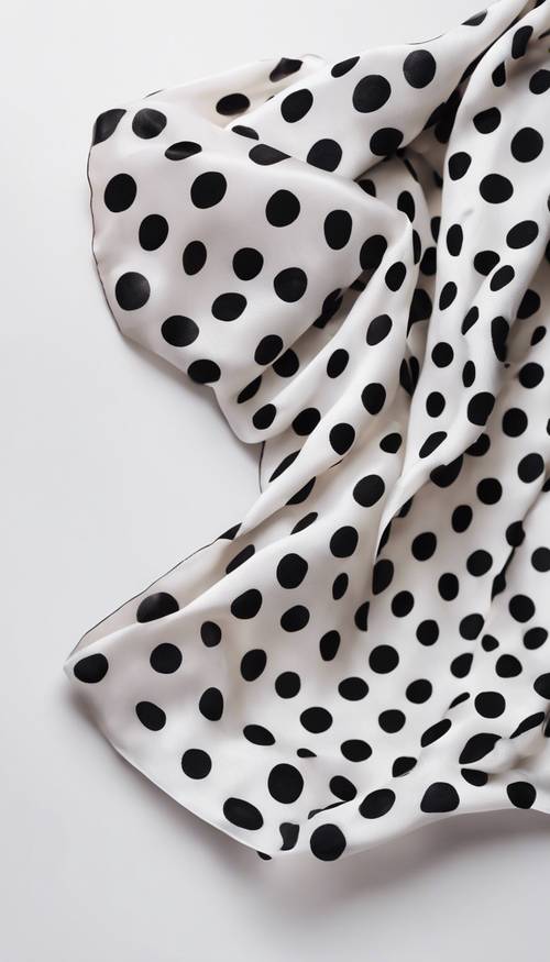 Close-up de um lenço de seda preto de bolinhas flutuando contra um fundo branco