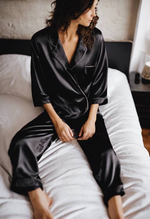 Pijama de seda negro con acabado satinado sobre una acogedora cama un domingo por la mañana.