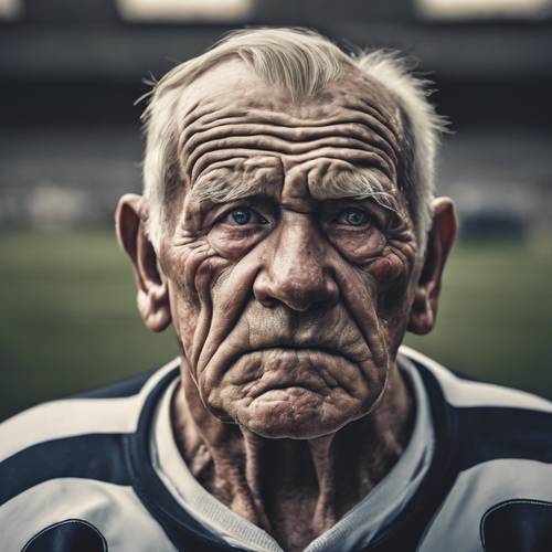 Bohaterski portret starszego gracza rugby, ukazujący siłę i determinację w jego oczach. Tapeta [bc9ebd5d81e74532a2cb]