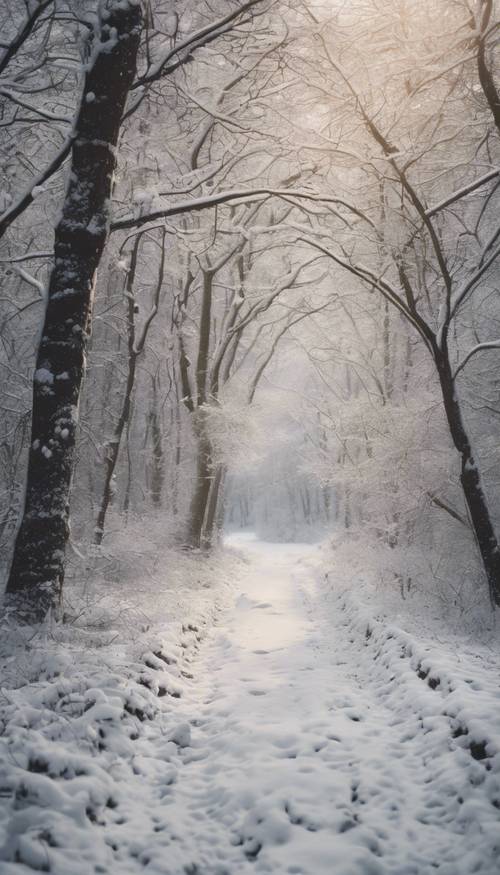 Uma vista deslumbrante da neve caindo suavemente em uma trilha vazia na floresta.
