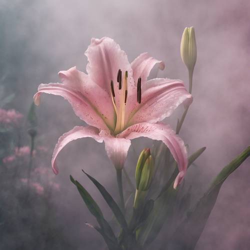 Widok różowej lilii spowitej delikatną mgłą, tworzącą aurę tajemniczości.