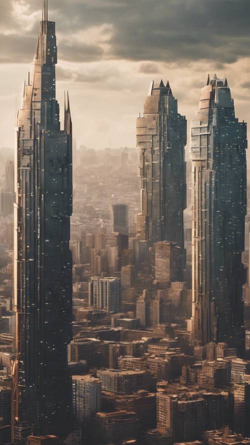 Đường chân trời huyền thoại của một thành phố có những người khổng lồ sinh sống với những tòa nhà khổng lồ.