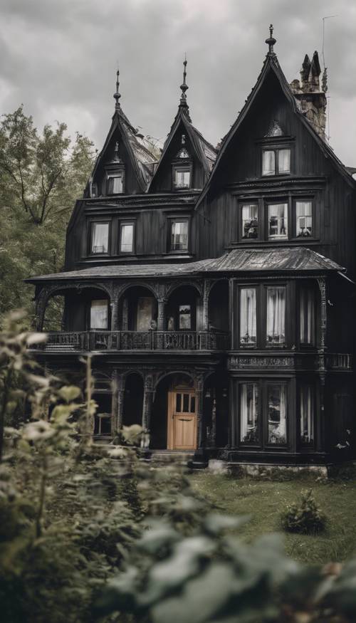 Gothic, black-gabled houses situated in a vintage landscape.