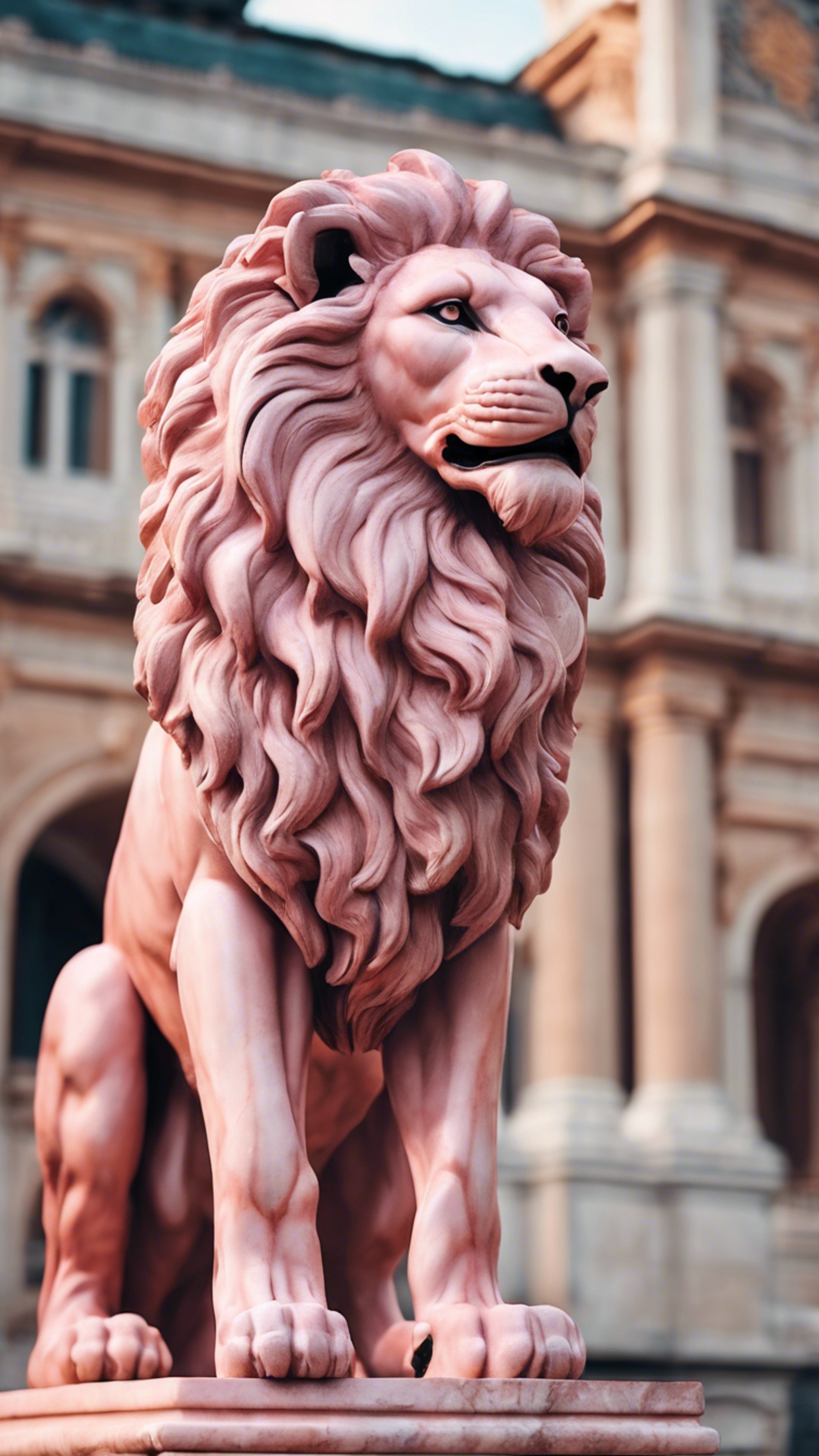 A pink marble sculpture of a lion in front of a palace.壁紙[356301f8e33e4aa59424]