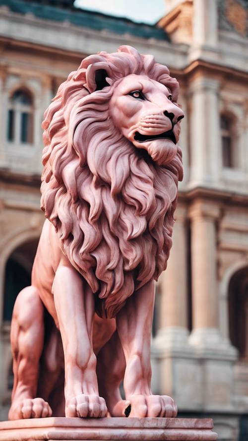 Une sculpture en marbre rose représentant un lion devant un palais.