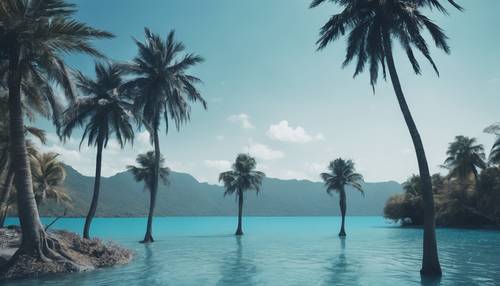 Several blue palm trees bordering a tranquil blue lagoon in a serene environment.