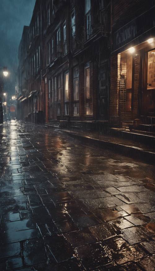 Uma rua com prédios de tijolos escuros em uma noite chuvosa.